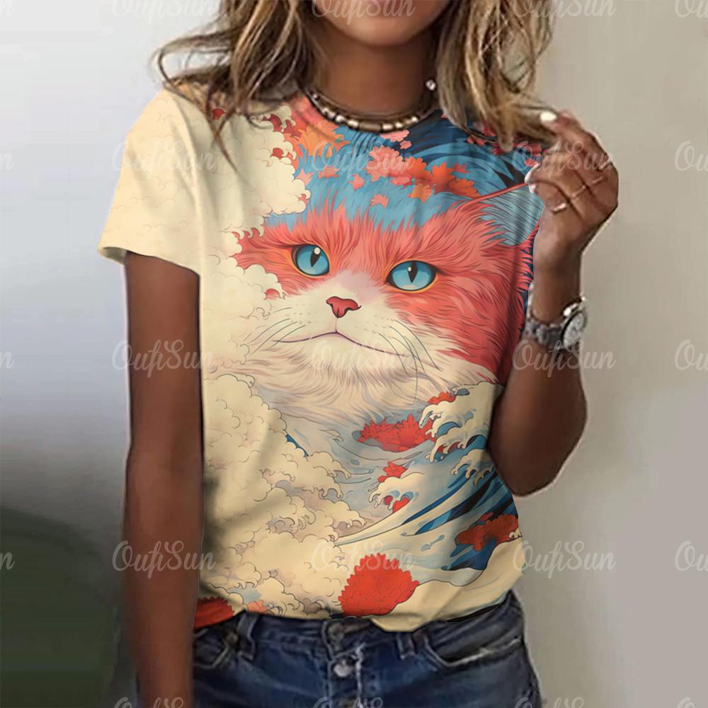Top Women Fashion Woman Blouse 2024 3d Japanese Style Cat Print T-Shirts O-Neck Short Sleeve Tees Female Clothing Y2k T Shirts