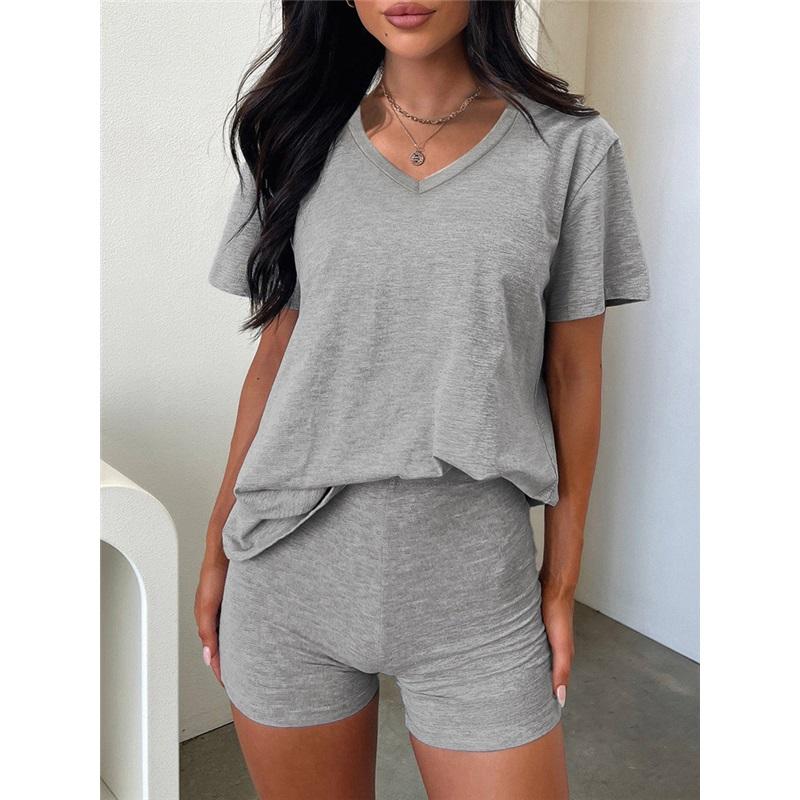 Women's Sets Short-sleeved V-neck T-shirt Sexy Shorts Casual Solid Color 2-piece Set Clothes Sale
