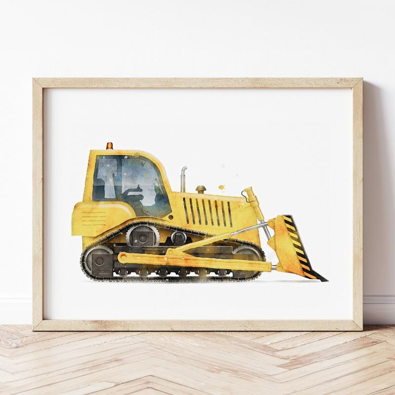 Retro Žluté Auto Nákladní Auto Bagr Buldozer Transporter Akvarelový Umělecký Plakát Obrazy na Plátně Nástěnné Umělecké Obrázky Domácí Dekorace