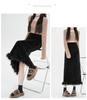 Black Velvet Fleece-Lined High-Waist Midi Skirt with Slit