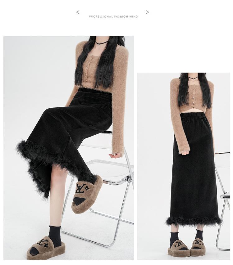 Black Velvet Fleece-Lined High-Waist Midi Skirt with Slit