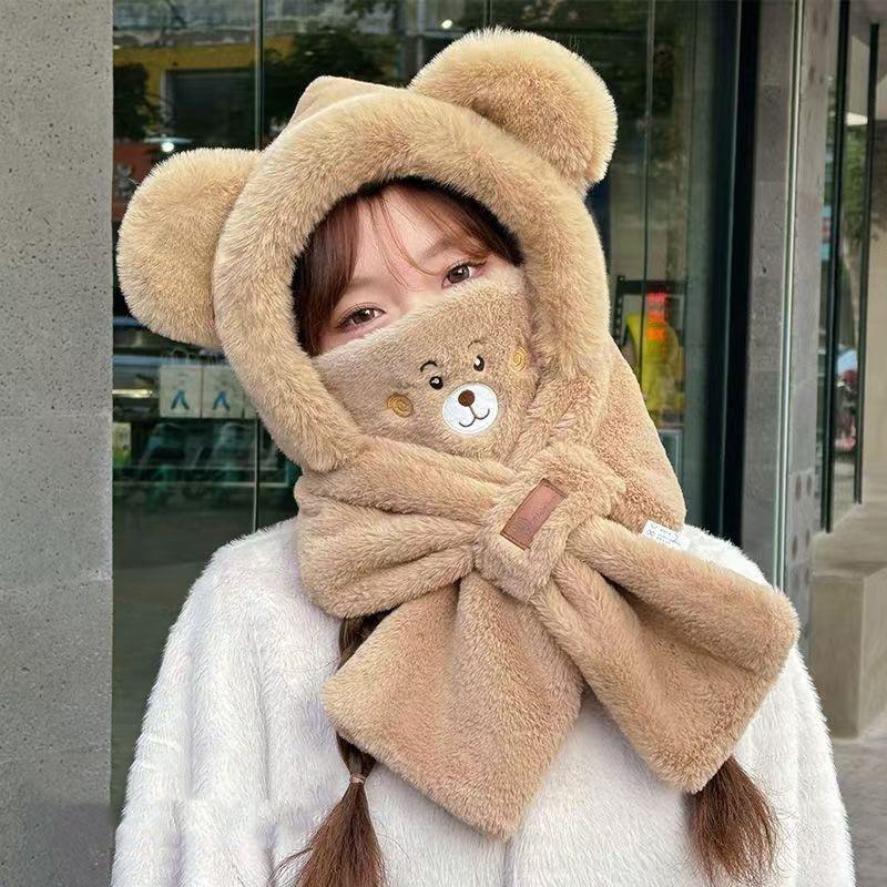 Cute Cartoon Bear Plush Hat Winter Warmth Hat Scarf Glove Face Mask One-Piece Hooded Outdoor Windproof Ear Protection Cap