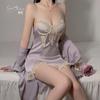 Satin Plus Chest Pad Deep V Temptation Perspective Lace Mesh Ruffle Edge Nightdress Robe Home Set