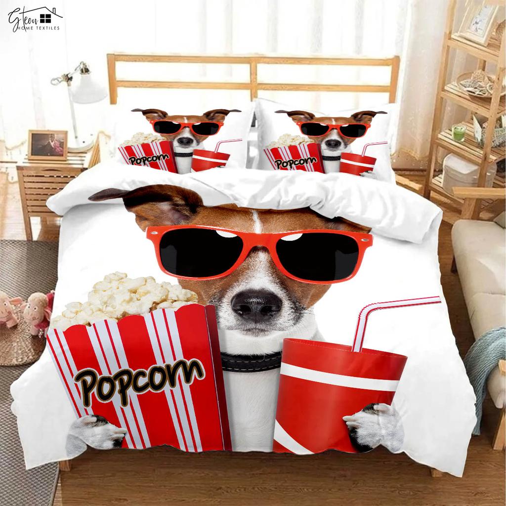 Funny Cartoon Dog Print Quilt Cover Kids Gift 100% Polyester Bedding Set Pillowcase Quilt Cover Three-Piece Set Machine Washable