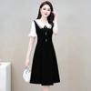 Vestido Casual Elegante de Moda Coreana para Mujer, Adelgazante, Línea A, Falso Dos Piezas, Patchwork, Color Sólido, Botón, Manga Corta