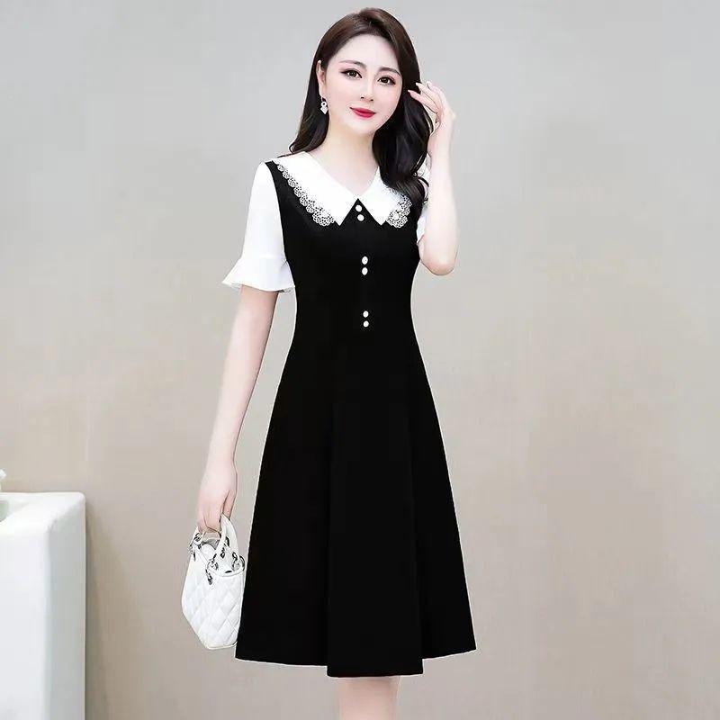 Vestido Casual Elegante de Moda Coreana para Mujer, Adelgazante, Línea A, Falso Dos Piezas, Patchwork, Color Sólido, Botón, Manga Corta