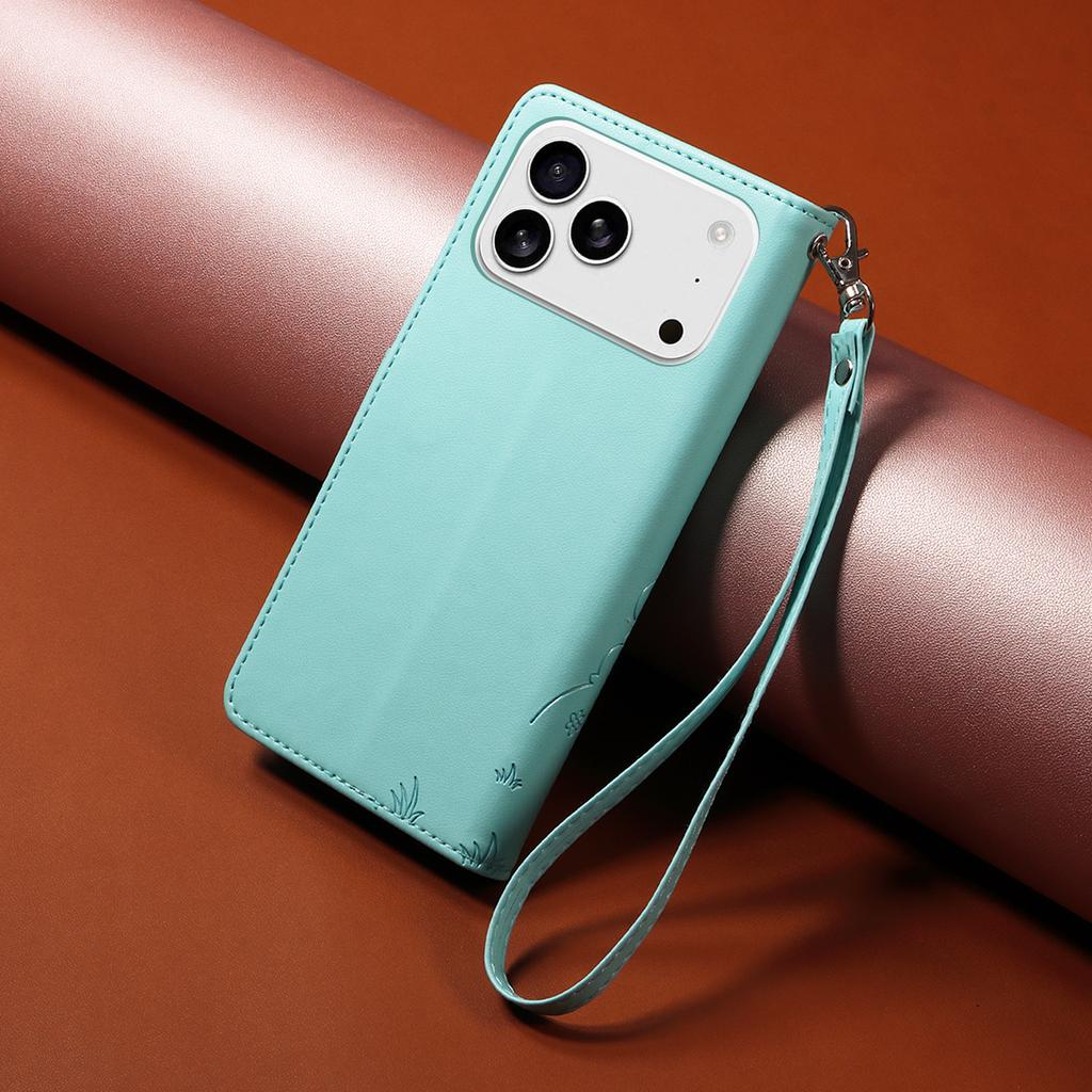 For iPhone 17 Pro Case RFID Blocking Imprinted Dog Pattern PU Leather Phone Cover with Wrist Strap