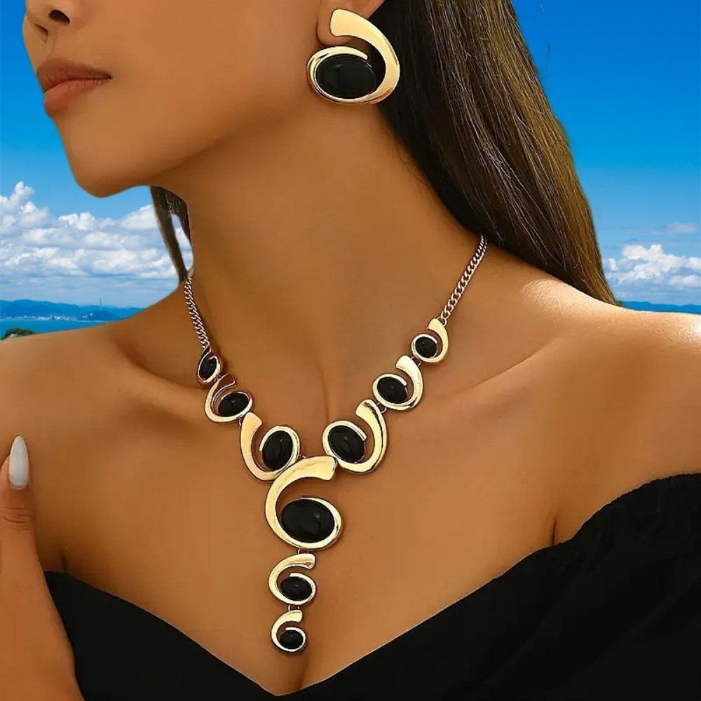 Adjustable Spiral Snail Clavicle Chain Geometric Oval Charm Bridal Jewelry Necklace Earrings Set