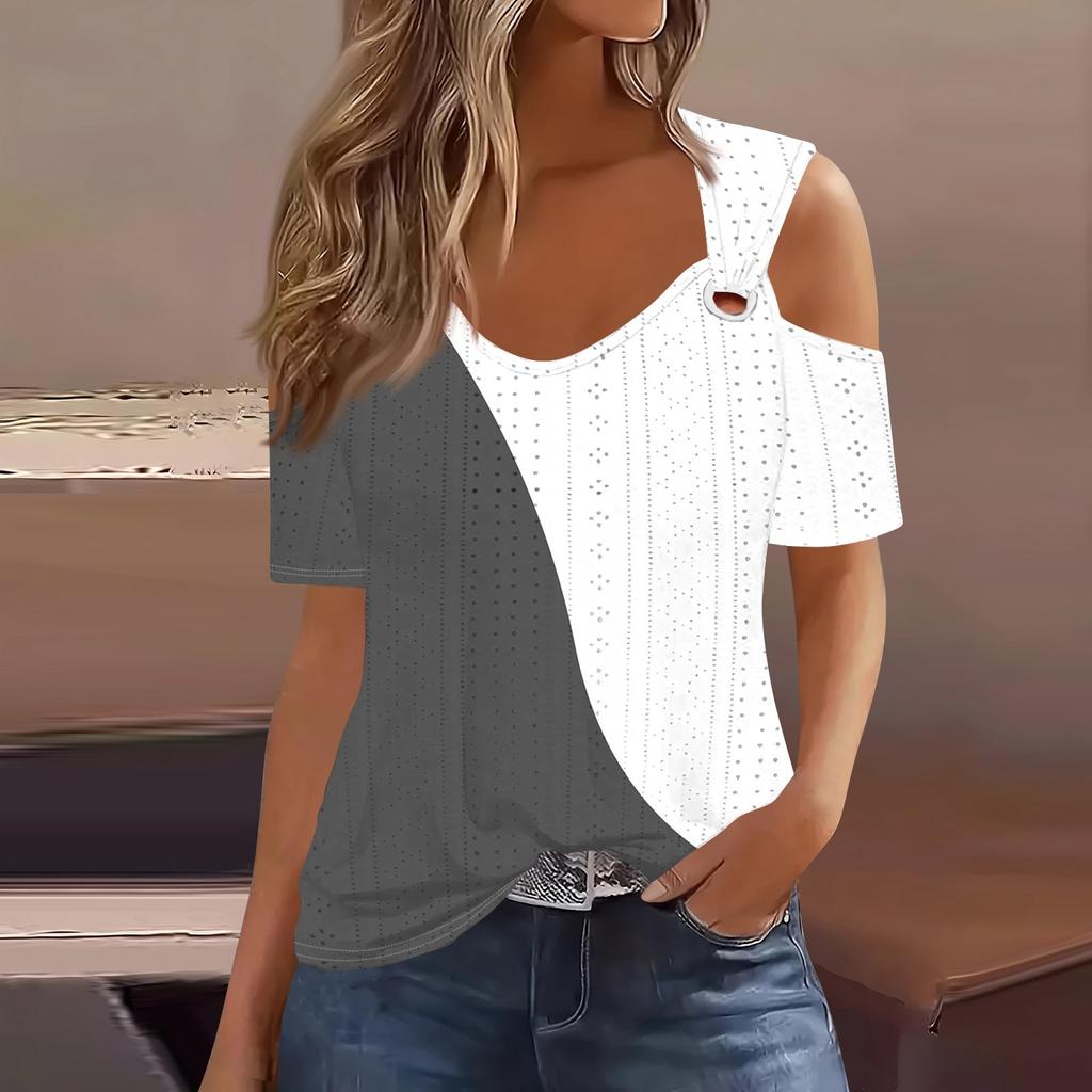 Sexy Cold Sholuder Tops For Women Summer Hollow Out Eyelet Short Sleeve Blouse Loose V Neck Tshirt Trendy Casual Tunics