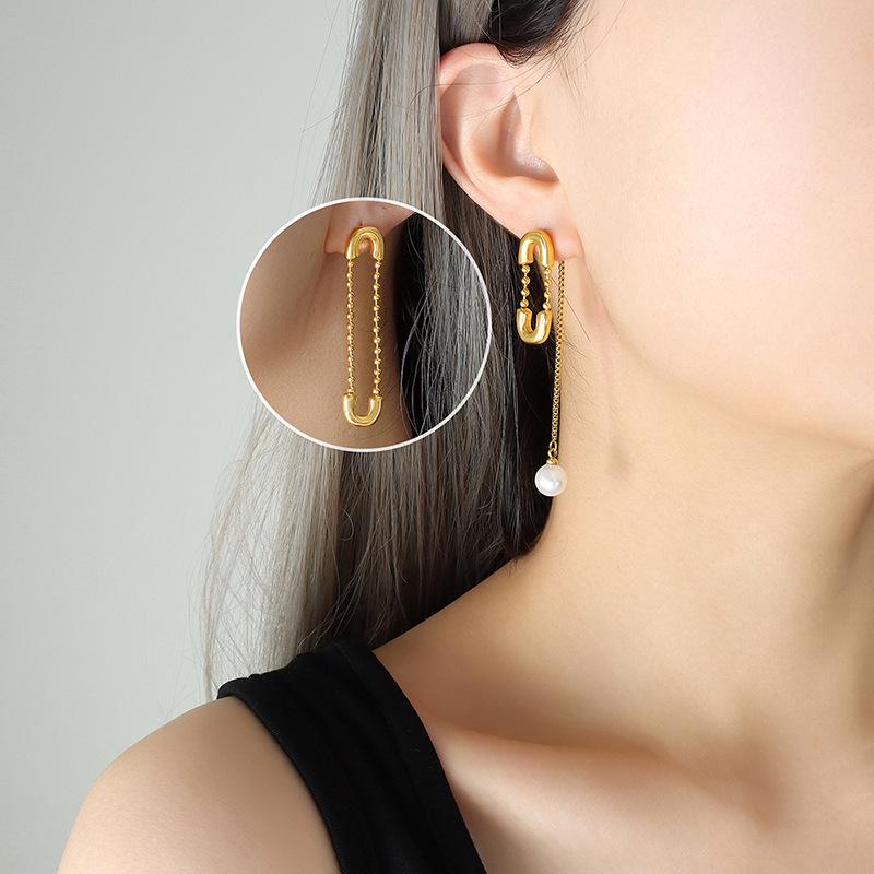 Handcrafted Asymmetrical Gold-Plated Titanium Tassel & Faux Pearl Brooch Earrings