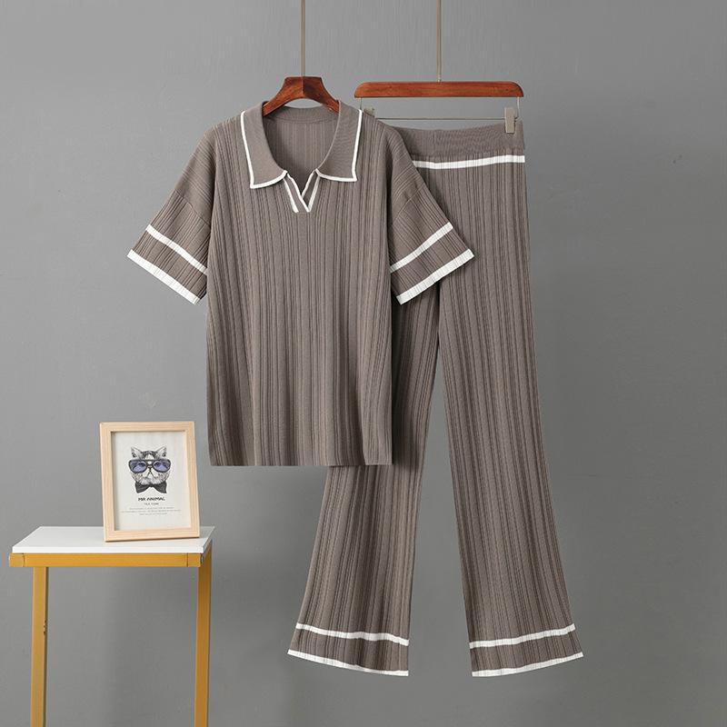 New Summer Polo Collar Short Sleeve Fashion Casual Loose Versatile Thin High Waist Knitted Suit Women