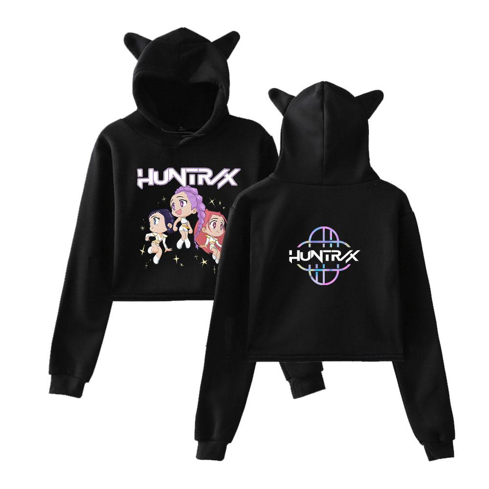 Fashion KPop Demon Hunters Printed Kawaii Crop Top Hoodie Funny Cat Ear Cropped Short Sweatshirt Hooded Pullover Women Tops Streetwear