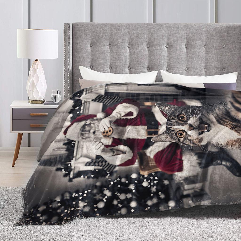 Cat Selfie with Santa Flannel Blanket Winter Soft Durable Bedding Throws for Child Living Room Pattern Bedspread Sofa Bed Cover