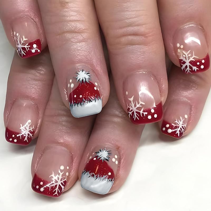 Christmas Press on Nails Medium Square Fake Nails Xmas Nails Press ons with Winterberry,Candy Cane,Snowflake,Santa Hat Design Reusable Artificial