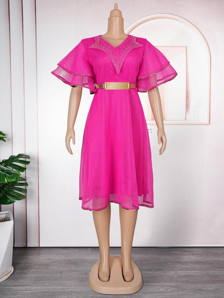 Plus Size V-neck African Women’s Bodycon Dress with Beaded Belt