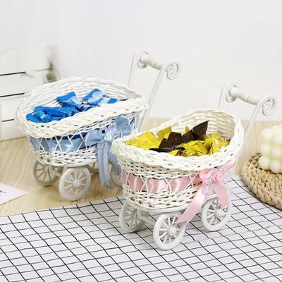 Cestino Fiorito per Passeggino in Rattan Piccolo Cesto Portaoggetti Intrecciato Portafiori Artificiali Organizer da Tavolo per Casa Matrimonio Baby Shower Tavolo
