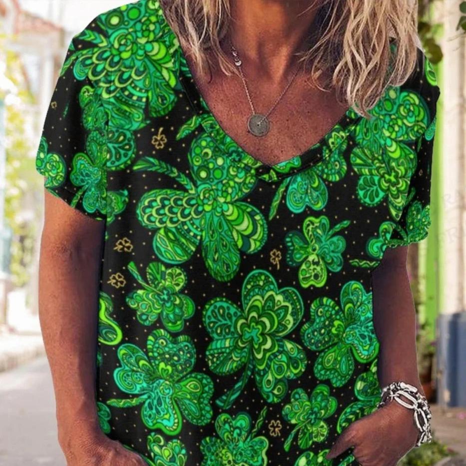 Damen T-Shirt Kleeblatt 3D-Druck T-Shirt Damenmode V-Ausschnitt T-Shirts Kurzarmoberteile St. Patricks Day Tops Damen Camisetas