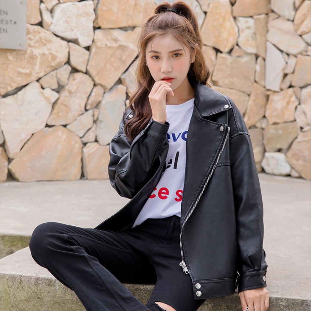2025 Spring and Autumn New Leather Jacket Women's Short Korean Version Small Loose Student Wind Bike Leather Jacket