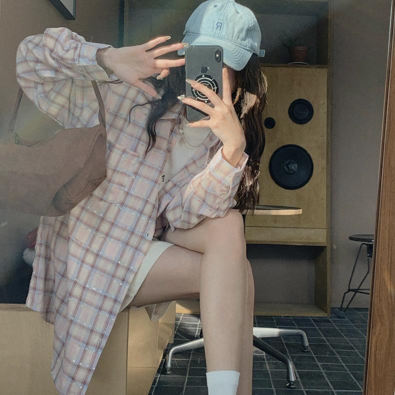 Korean pink plaid shirt for women, spring/autumn new style, loose, lazy, casual long-sleeve shirt, chic top