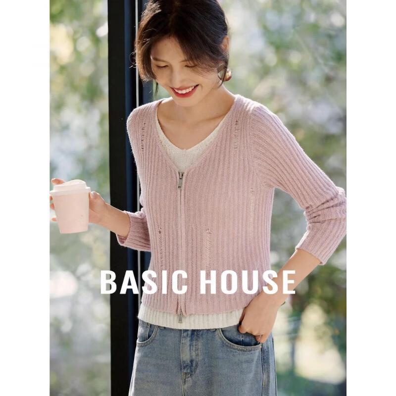 Women's V-Neck Zipper Ribbed Fake Two-Piece Sweater