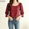 Women Polka Dot Print Casual Round Neck 3/4 Sleeve Elegant Blouse