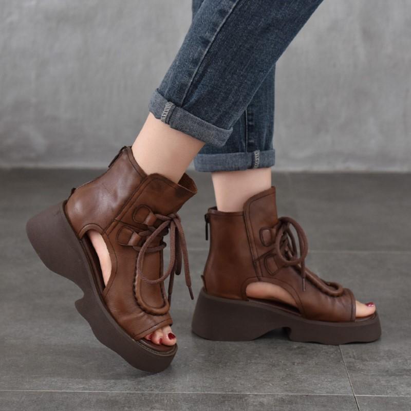 Johnature Genuine Leather Women's Shoes Roman Sandals Vintage Back Zipper Peep Toe Thick Soled Summer Boots