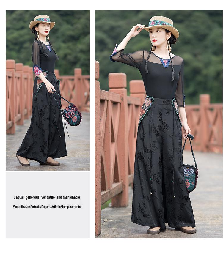Women's Ethnic Style Embroidered Wide-Leg Pants - Casual Retro Long Trousers