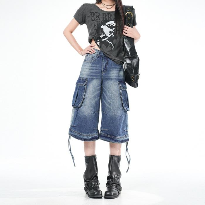 

American high street multi-pocket workwear denim shorts for women, 2026 spring/summer new style, loose wide-leg fashion mid-length pants XS