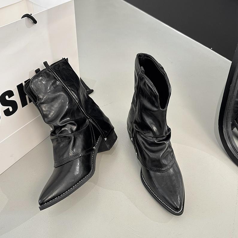 

Осень новые внешнеторговые остроносые ковбойские полусапожки на толстом каблуке женские трансграничные облегающие ногу тонкий средний каблук полусапожки 42