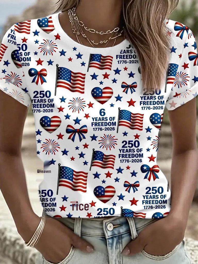 Women's 250th Anniversary Independence Day Digital Print T-shirt – Short Sleeve, Casual European & American Style