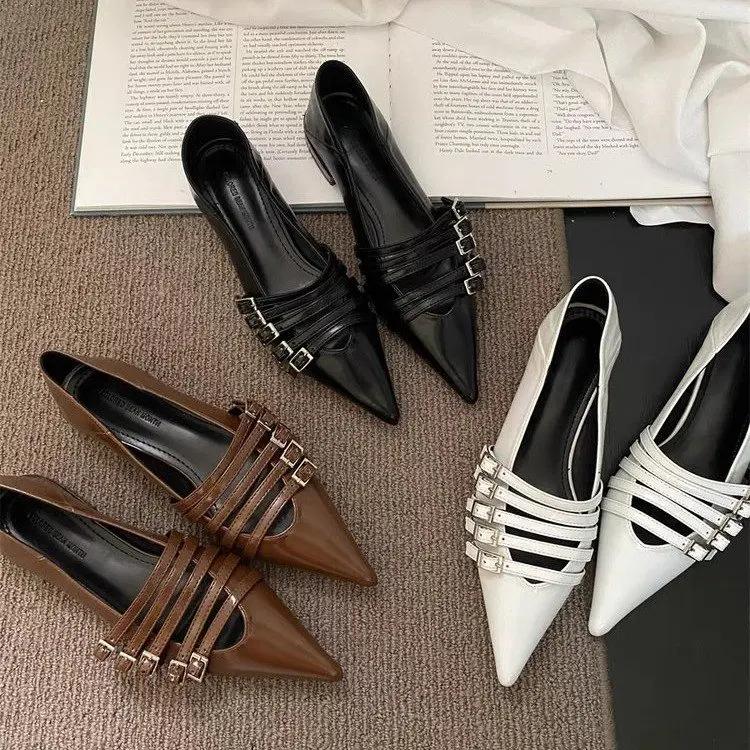 Shoes for Women Pumps Low Heel Pointed Toe Goth Sexy Elegant Woman Heeled White Loafers Slip on New in Belt Buckle