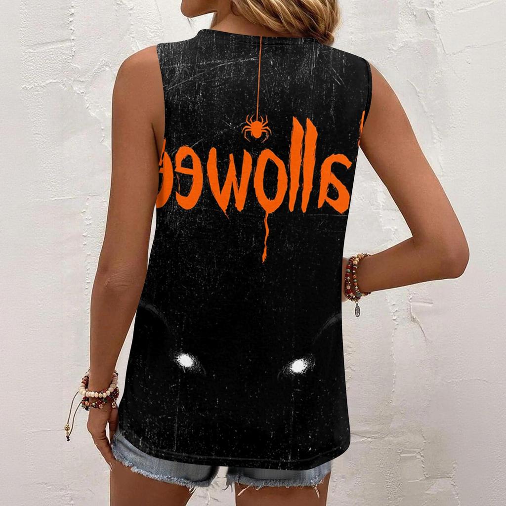 Women Sleeveless Tank Top Square Neck Ruffle Detail Halloween Print Casual Summer Vest Shirt for Daily Wear