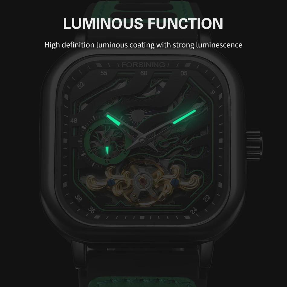 Forsining Fashion Mechanical Watch for Men Square Tourbillon Skeleton Automatic Watches Leather Rubber Strap Sports Wristwatches