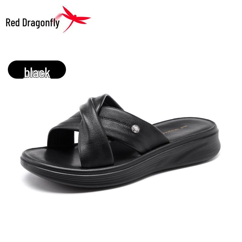 Red Dragonfly Women s Thick-Soled Height-Increasing Genuine Leather Flip-Flops Sandals 36