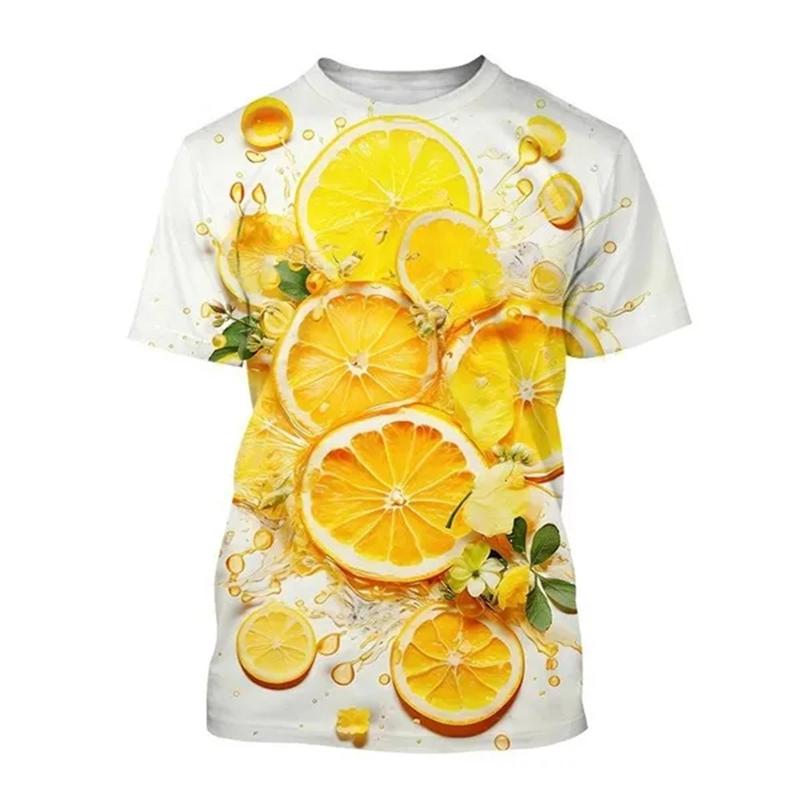 Summer Round Neck 3D Fruit Lemon Pattern Print Top Fashionable Casual Short Sleeved Men's and Women's Unisex T-shirts