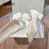 Elegant Women's Mid Heel Pumps Beige PU Leather White Pearl Bowknot Chunky Heeled Shoes for Ladies Bride Pumps Zapatos De Mujer