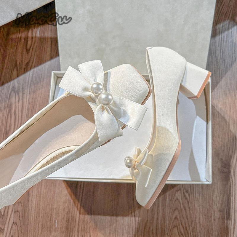 Elegant Women's Mid Heel Pumps Beige PU Leather White Pearl Bowknot Chunky Heeled Shoes for Ladies Bride Pumps Zapatos De Mujer