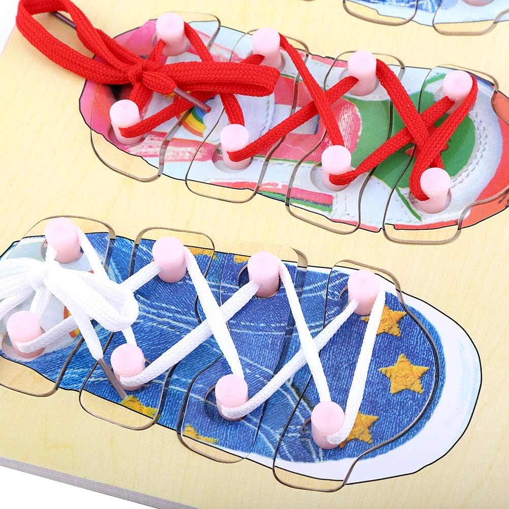 SUNGOOYUE Kid Shoes Training Toy, Wooden Learn to Tie Shoes Practice Board for Kids Preschool, Ages 3-7