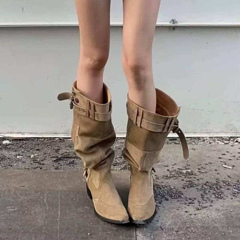 

Sheepskin version~ pointed western cowboy boots, thin retro pleated piled boots, women s thick heel temperament but knee boots 40