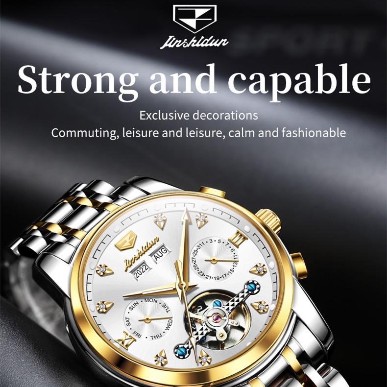 JINSHIDUN Neue Business- und Freizeit-Herrenuhr Einfache Business-wasserdichte leuchtende multifunktionale mechanische Uhr High-End-Herrenuhr