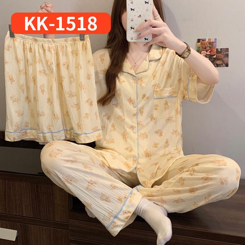 Cute Cartoon Rabbit Summer Pajama Set: Soft, Wrinkled Fabric, Short-Sleeved, Three-Piece Home Wear