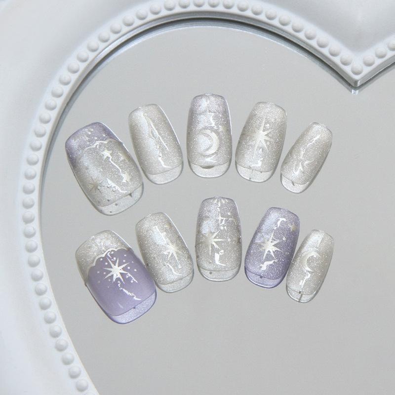 Three-dimensional cat's eye ripple French dream purple night star and moon temperament white, wind removable manicure tablets 30 pieces