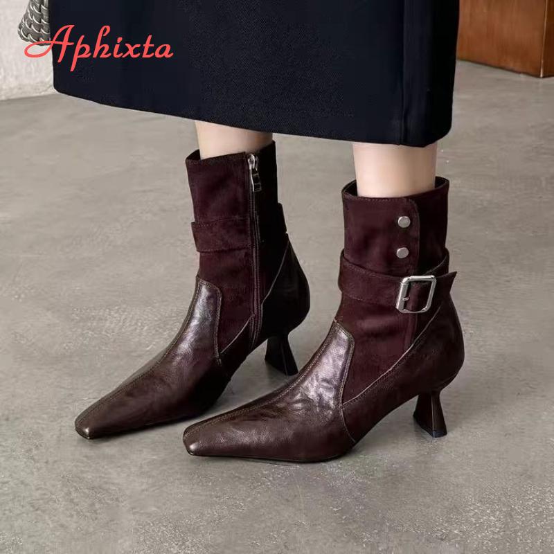 Fashion Aphixta High Heels Women Ankle Boots Elegant Metal Decoration Woman Modern Boot Side Zipper Sexy Soft Leather Women's High Boots