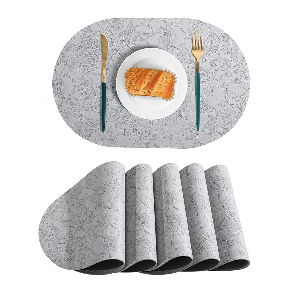 2PCS Light Luxury Floral Leather Placemat Elliptical Waterproof Oil Resistant Western Style Table Mat for Hotel Restaurant Home
