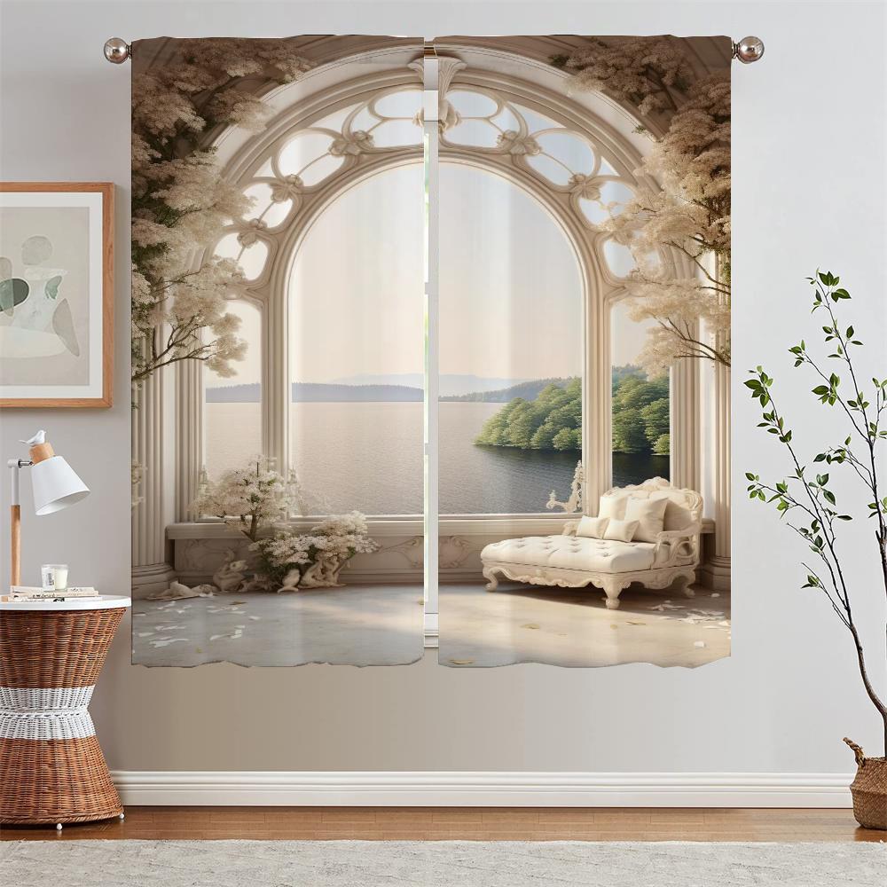 European Arch With Sea View Kitchen Curtain Tiebacks Elegant Room Curtains 2 Pcs Set Tulle for Living Room Decoration Blinds