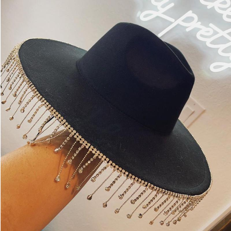 Women Rhinestone Tassel Decor Wide Brim White Fedora Hat For Party Cap Handmade Rhinestone Fringe Cowgirl Hat Wholesale