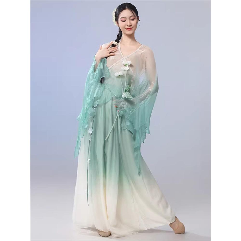 Women's Gradient Big Sleeve Chinese Classical Dance Set, Flowy Big Swing Chiffon Skirt Performance Wear