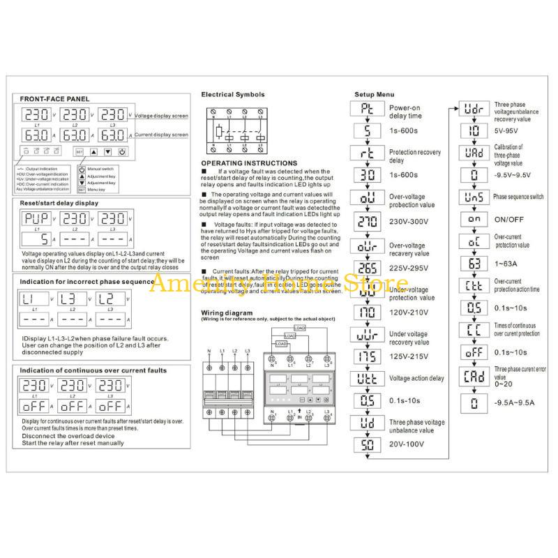 F26C 3 Phase DIN Voltmeter Power Meter Automatic Overvoltage Overcurrent Protector Electricity Tester Easy to Use