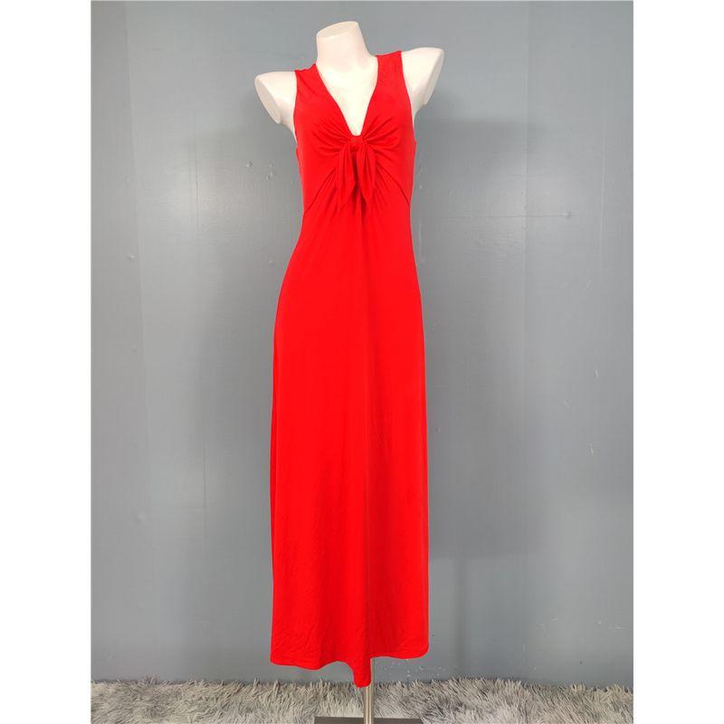 

Foreign Trade R s Elastic Exquisite Print Sleeveless Bow Slim fit Slimming Vacation Slimming Elegant Fashion Dress Red L
