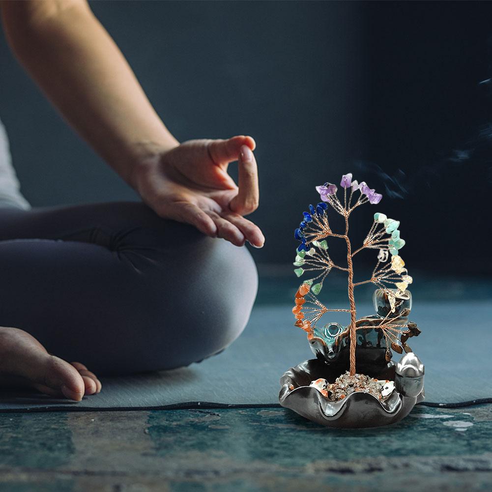 7 Chakra Baum Geldbaum Aschenbecher Heimdeko Wasserfall Brenner mit Heilkristallstein Feng Shui Dekoration für Wohlstand Glück